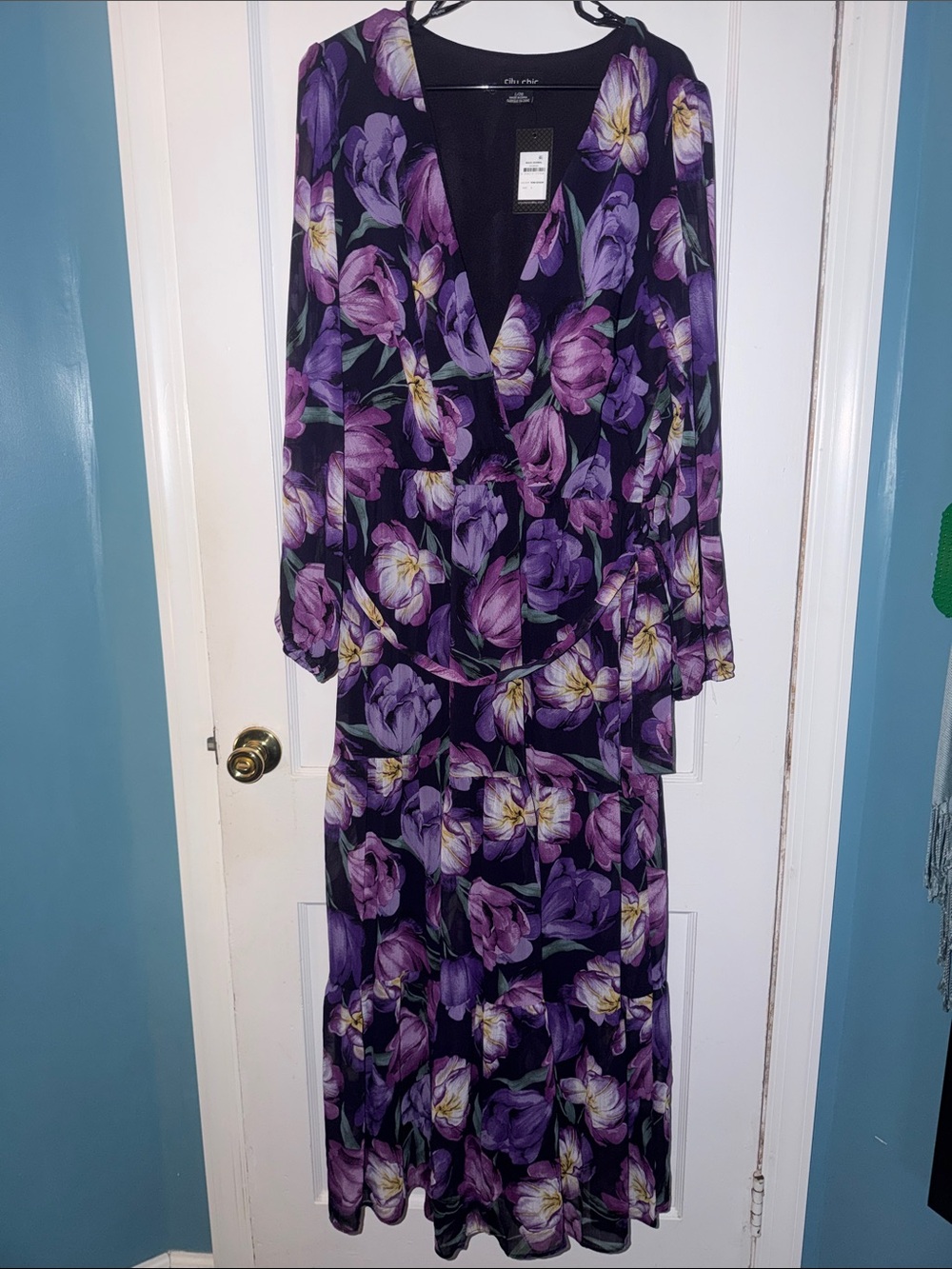 City Chic Black Maxi Dress with Purple Floral Print size 20